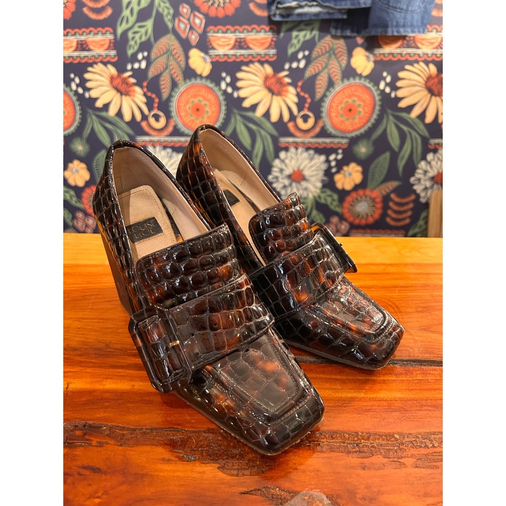 Louise et Cie Brown Tortoiseshell Croc Embossed Block Heel Loafer Pumps 6M Y2K